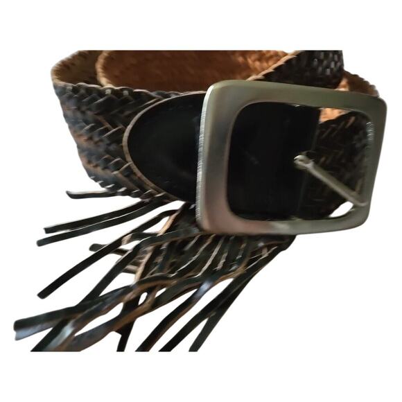Women's Wide Braided Leather Belt Etched Silver Tone Buckle Woven Fringe - Picture 4 of 8